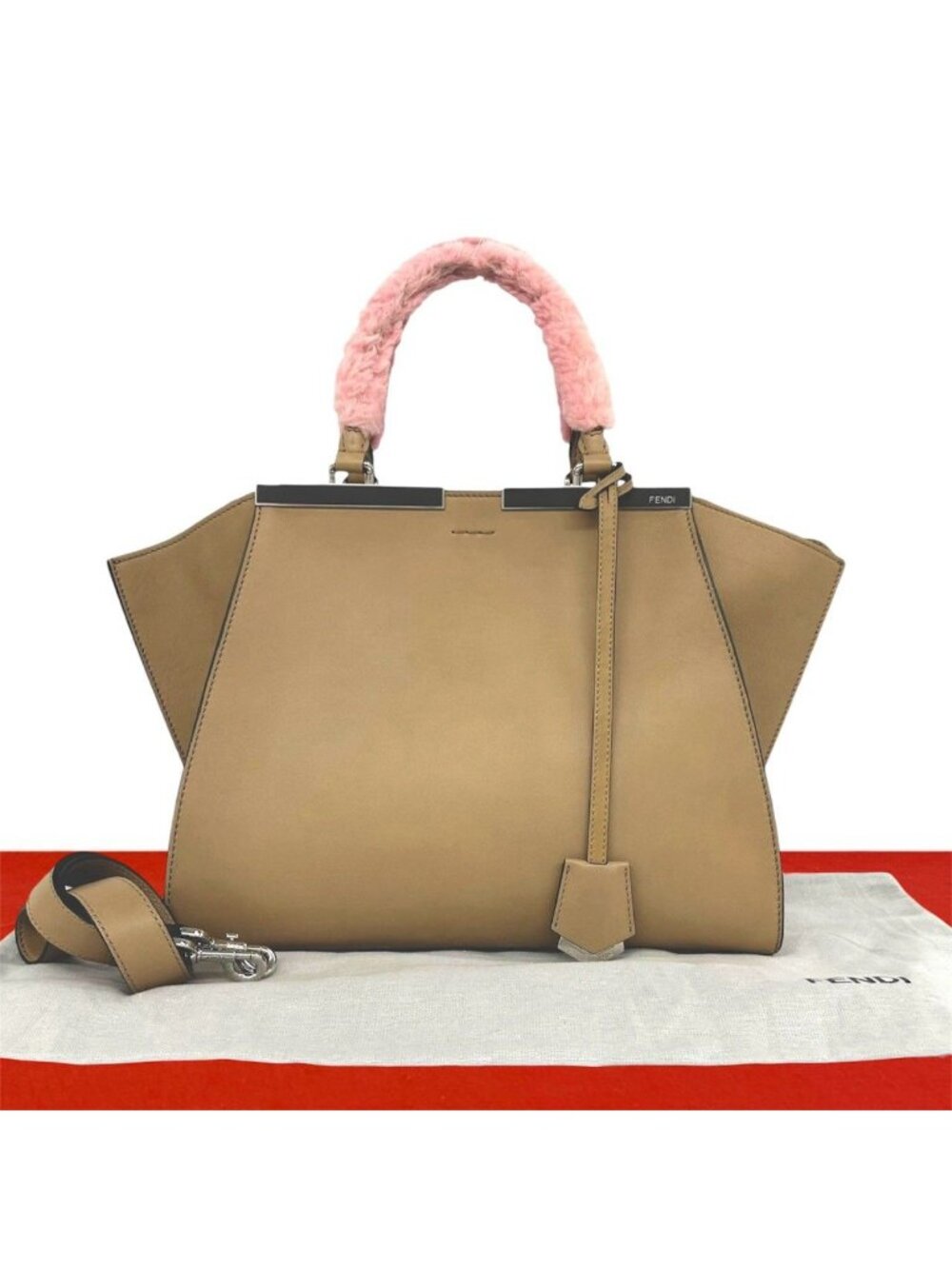 Fendi Leather Fleece 2-Way Shoulder Bag Beige Pink